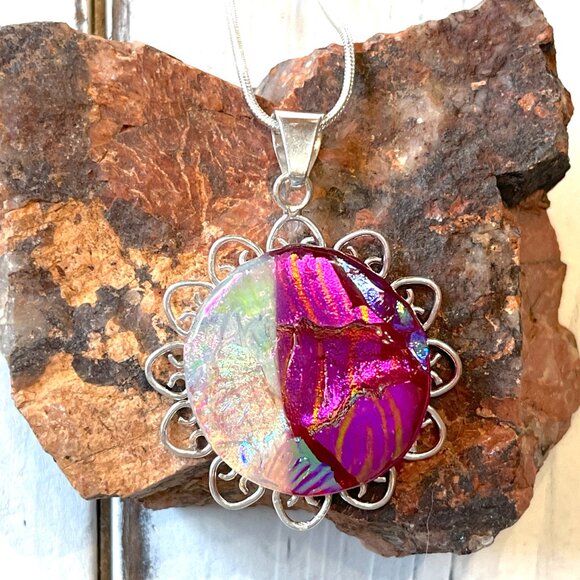 Beautiful Pink Multi Color Fused Dichroic Glass Flower Pendant - Picture 4 of 5
